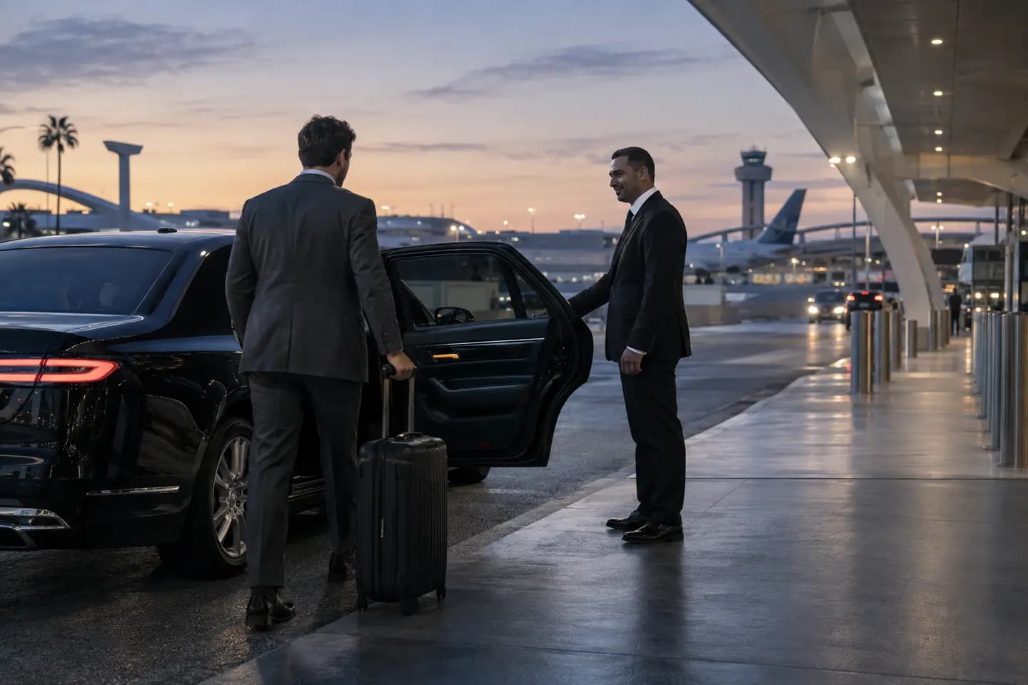 Professional chauffeur in a suit welcoming a passenger beside a black vehicle