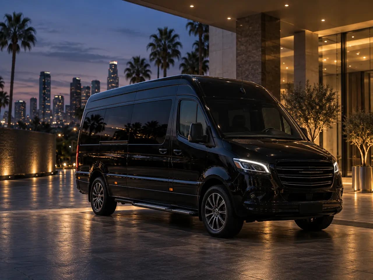 Black luxury passenger van prepared for executive group transportation