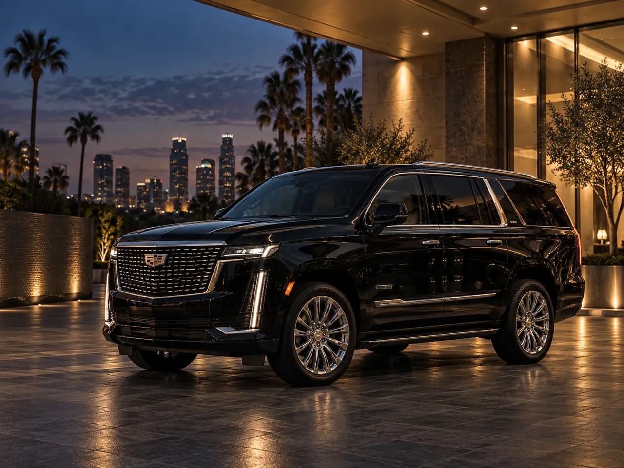 Black full-size premium SUV at a Los Angeles hotel entrance