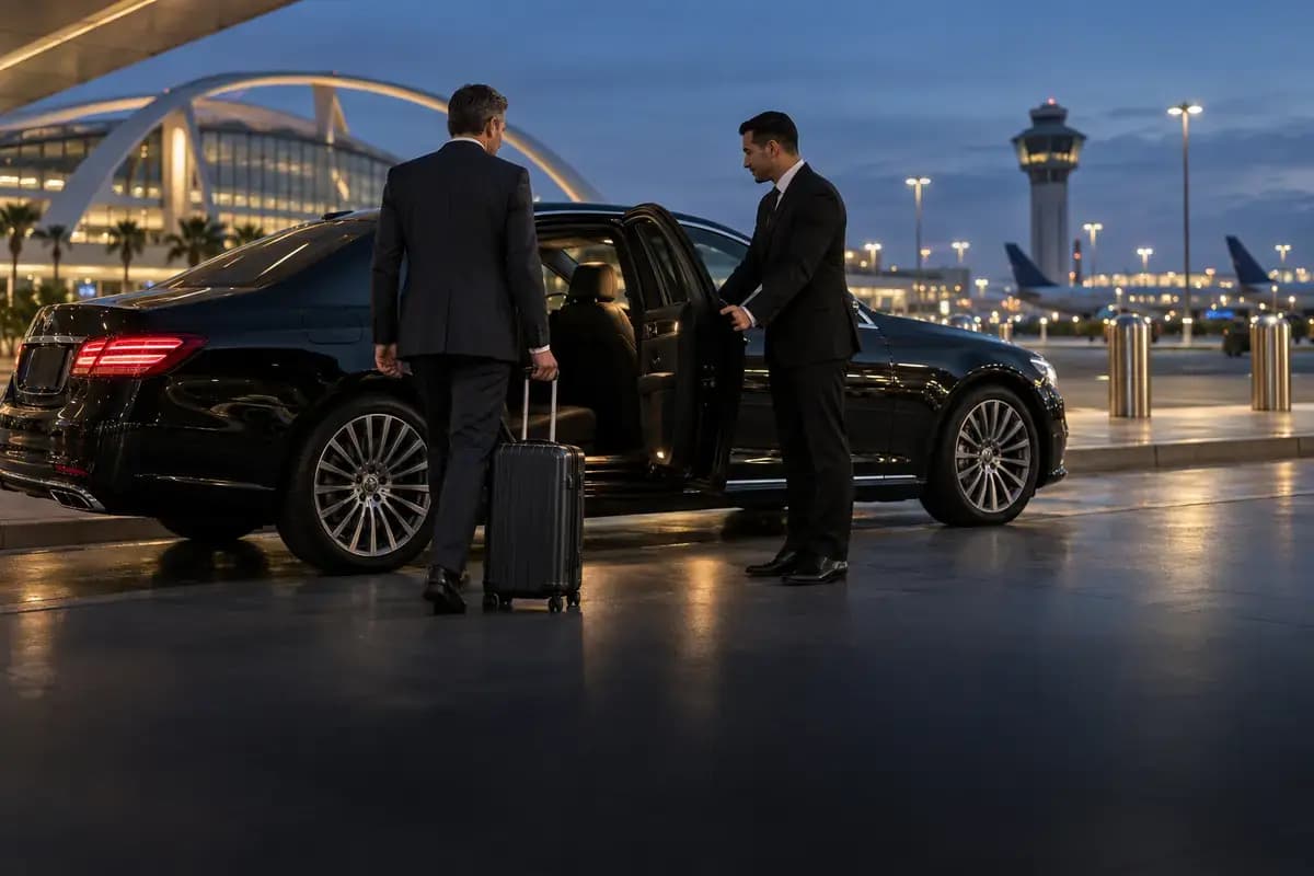 Professional chauffeur welcoming an airport passenger beside a black sedan