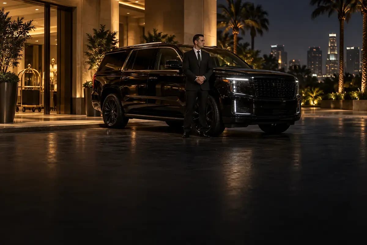 Professional chauffeur waiting beside a black full-size SUV