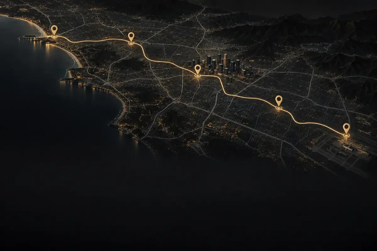 Dark map showing multiple destinations connected by a planned route