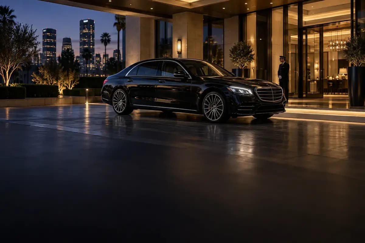 Black executive sedan arriving at a Los Angeles hotel
