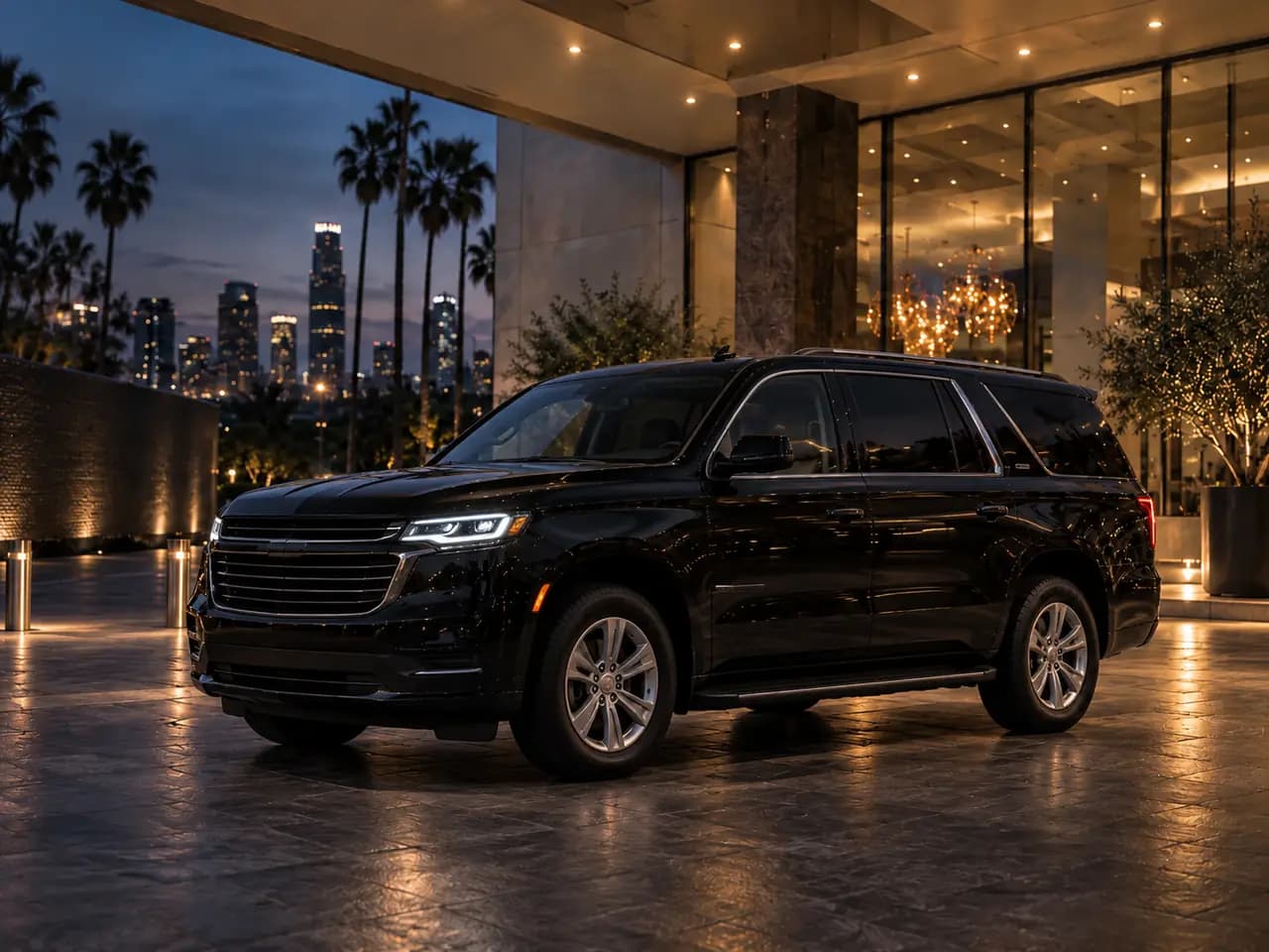 Black standard SUV at a Los Angeles hotel entrance at blue hour
